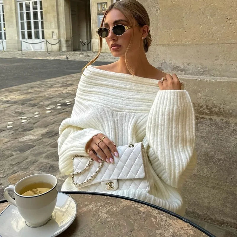 Off-Shoulder Knit Sweater - Relaxed Retro Pullover