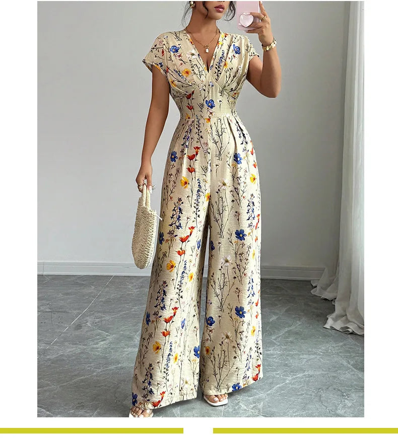 Short Sleeve High-Waist Jumpsuit - Elegant One-Piece