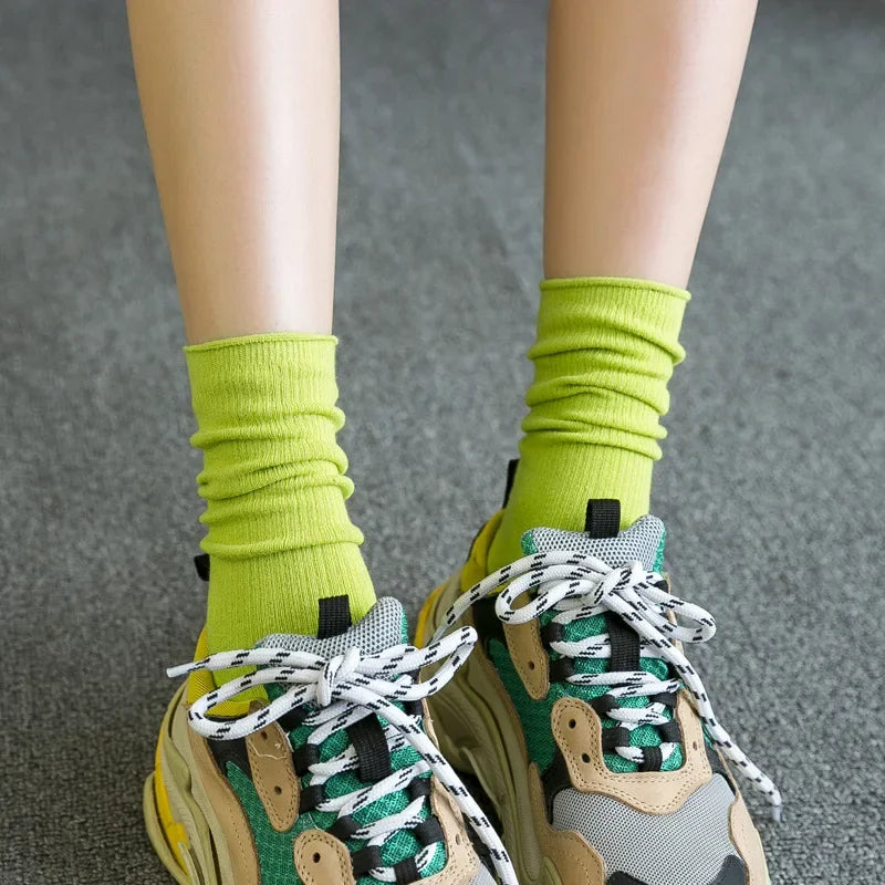 Solid Color Crew Socks - Breathable Preppy Mid-Calf Style