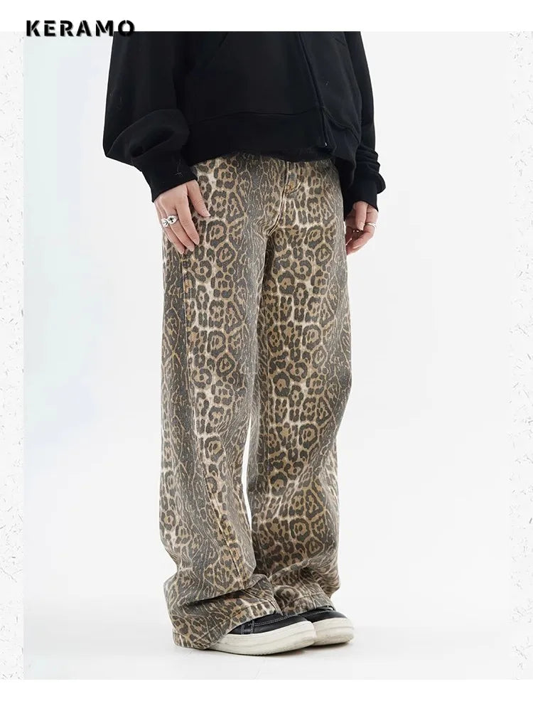 High-Waist Leopard Print Wide-Leg Jeans - Everyday Denim