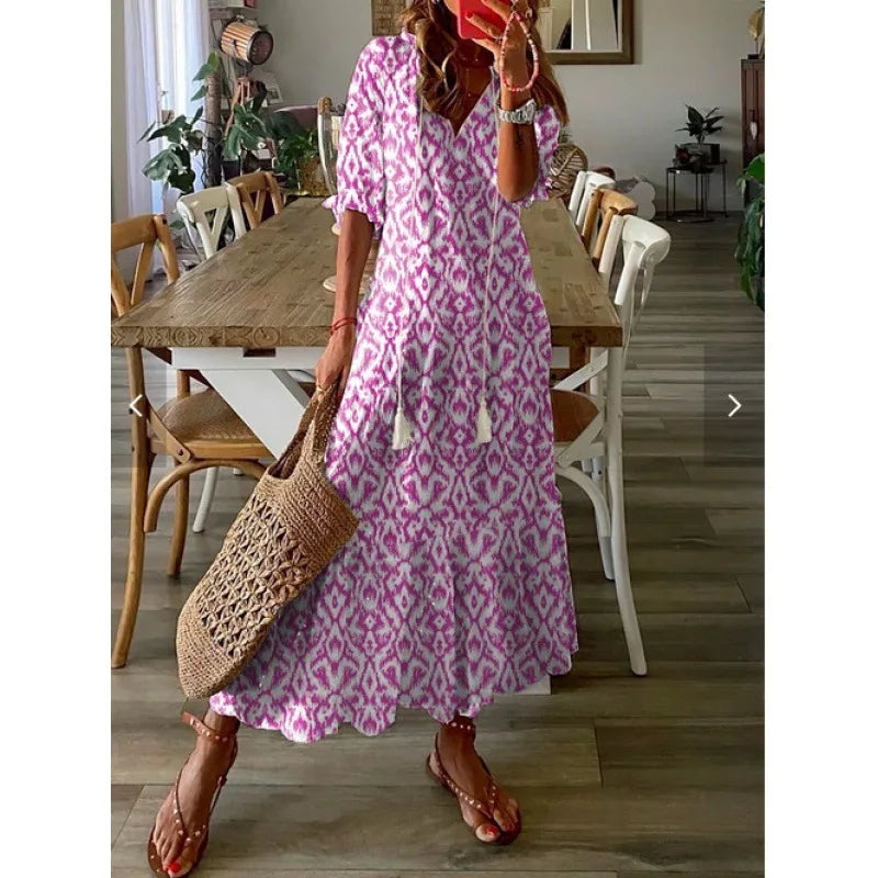 Bohemian Floral Maxi Dress - Relaxed V-Neck Summer Style
