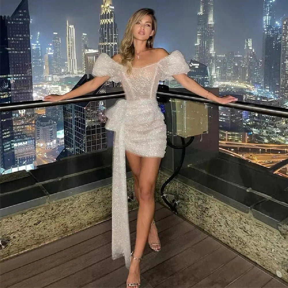 Glitter White Prom Dress Shiny Mini Party Dress Off The Shoulder  Short Evening Dress Flashing Beading Evening Dress Customized