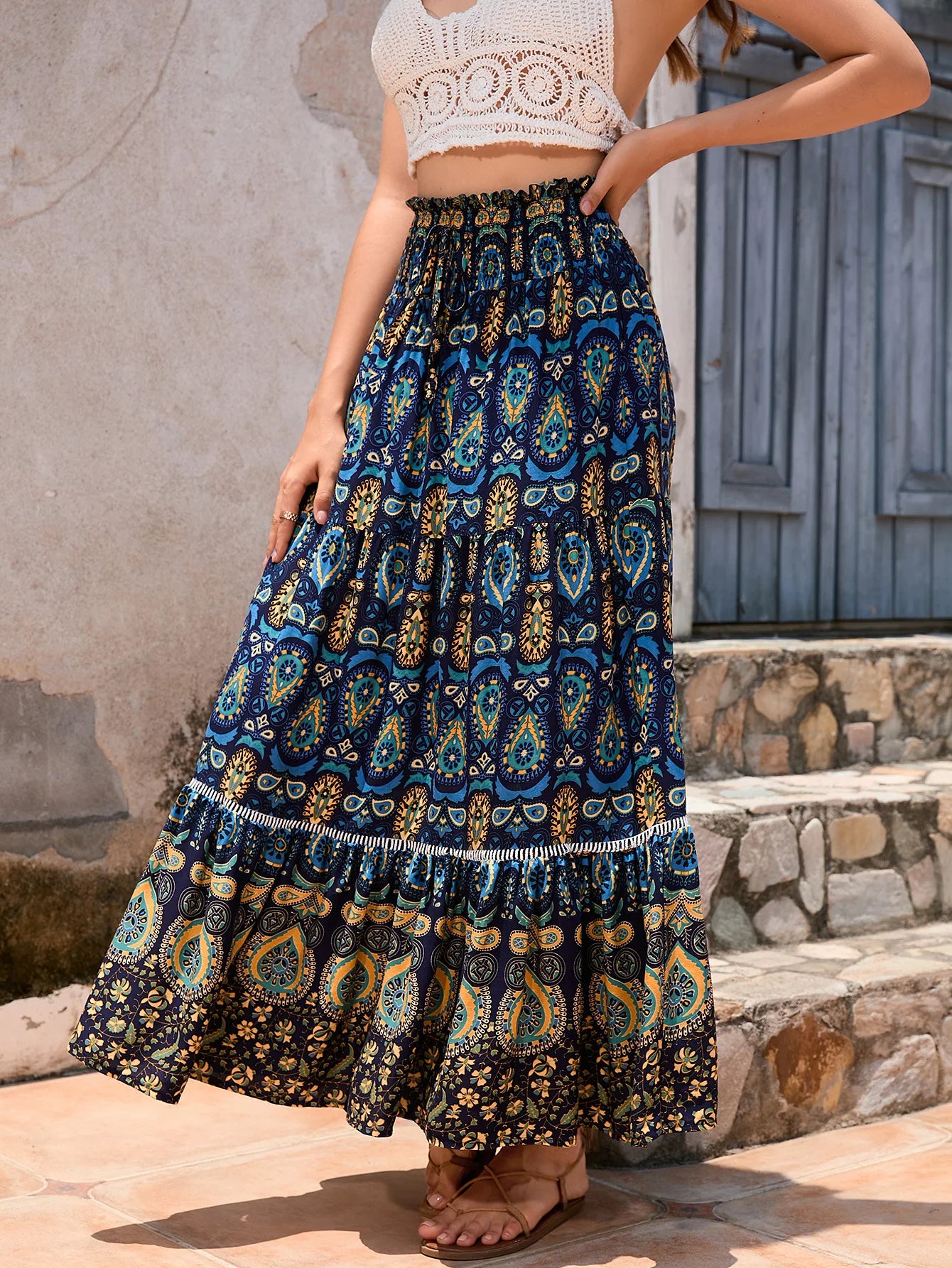 Premium Bohemian Floral A-Line Skirt - Flowing Vacation Style