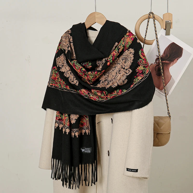 Luxury Floral Cashmere-Feel Winter Scarf - Fringed Shawl Wrap