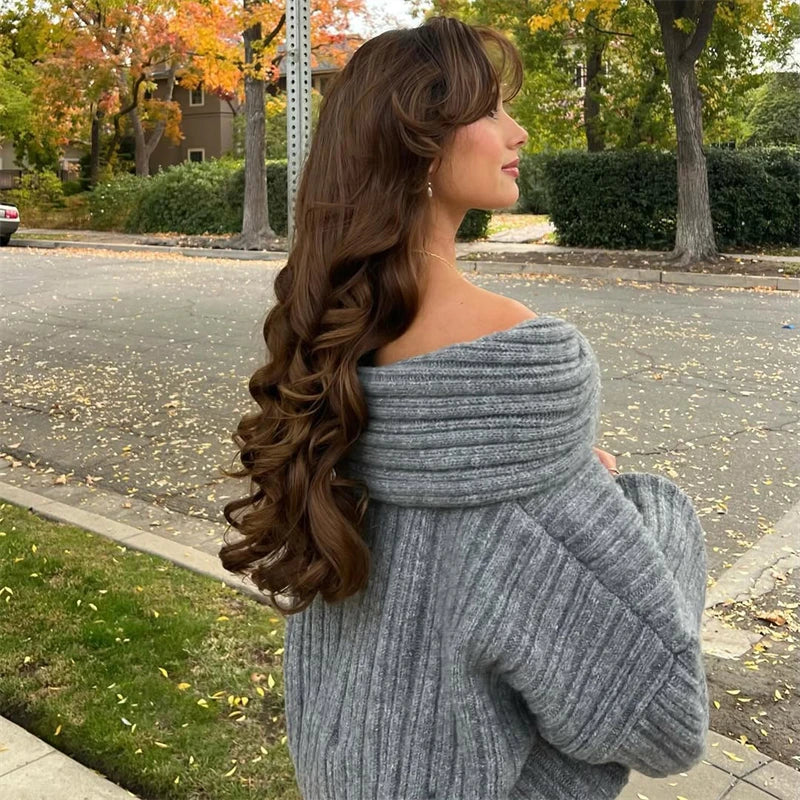 Off-Shoulder Knit Sweater - Relaxed Retro Pullover