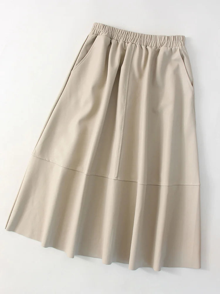 Premium PU Leather Midi Skirt - High Waist A-Line Design