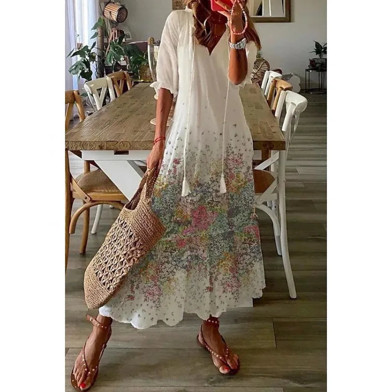 Bohemian Floral Maxi Dress - Relaxed V-Neck Summer Style