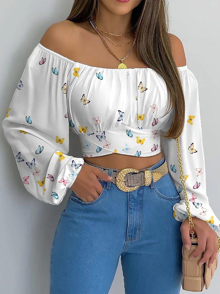 Off-Shoulder Lantern Sleeve Blouse - Lace-Up Cropped Top