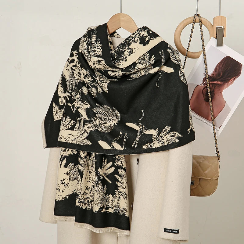 Luxury Floral Cashmere-Feel Winter Scarf - Fringed Shawl Wrap