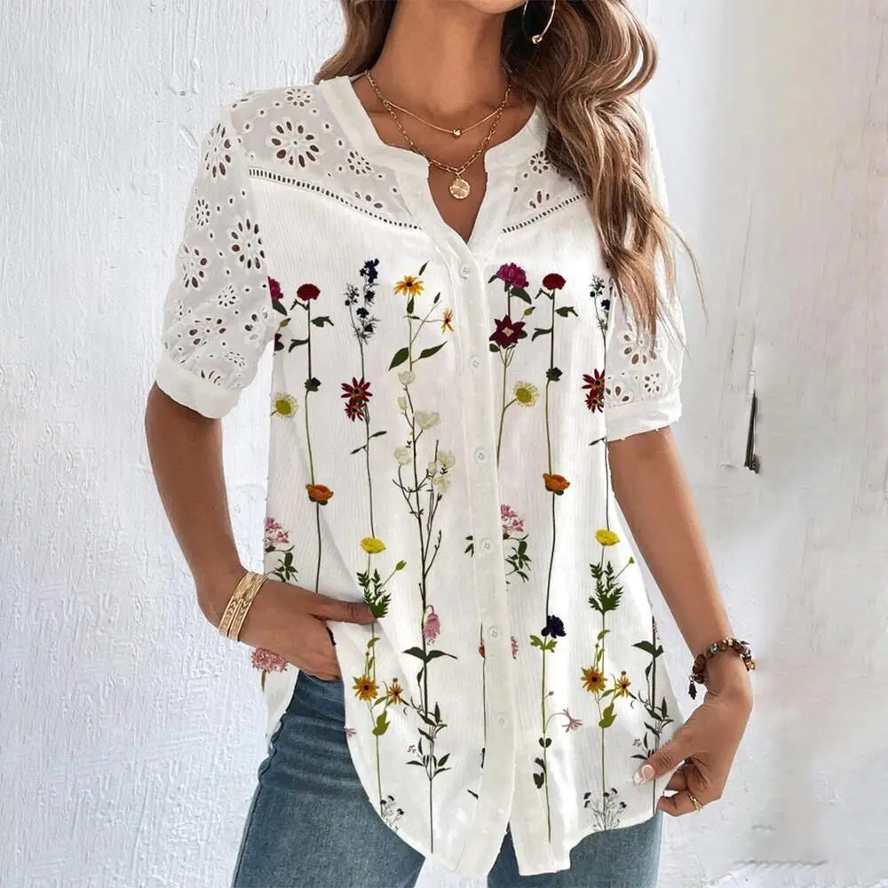 Elegant Lace Short Sleeve Blouse - Loose Fit Holiday Top