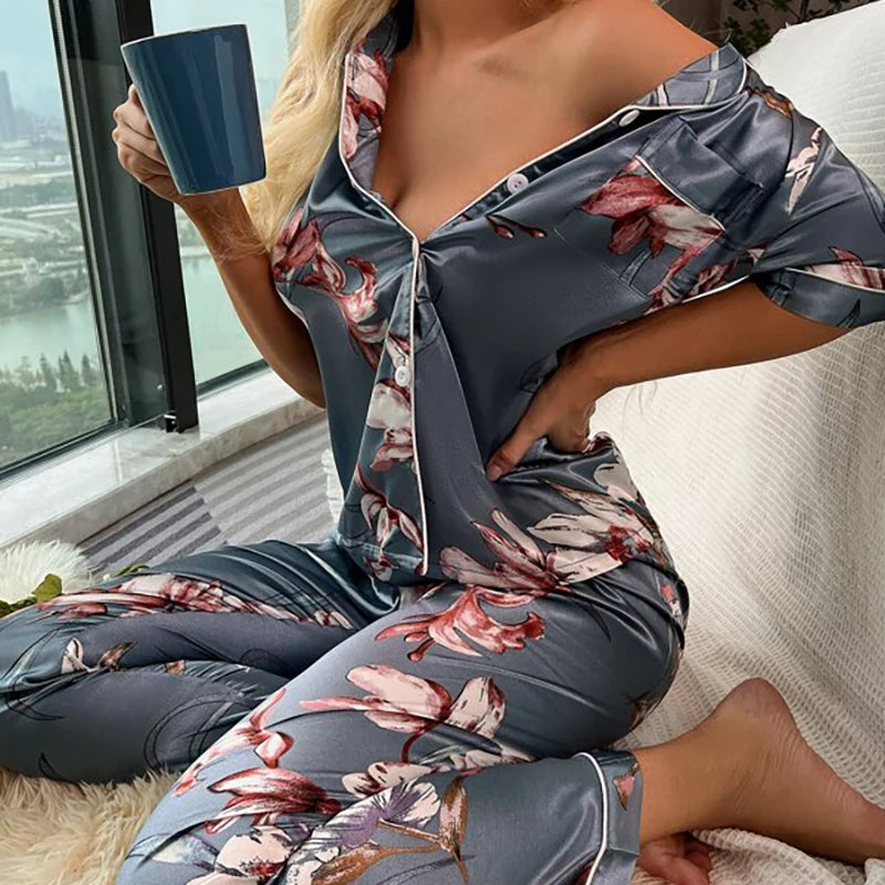 Satin Pajama Set - Soft Floral Two-Piece Sleepwear