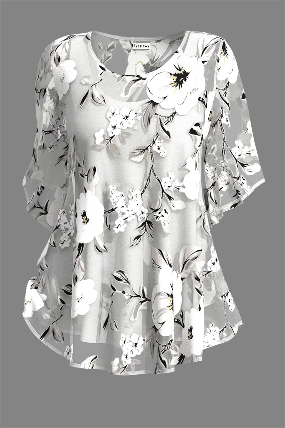 Dressy Plus Size Chiffon Floral Blouse - Layered Look