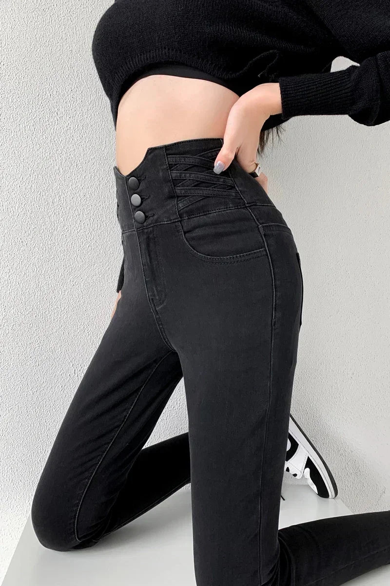 High-Waist Skinny Jeans - Denim Streetwear