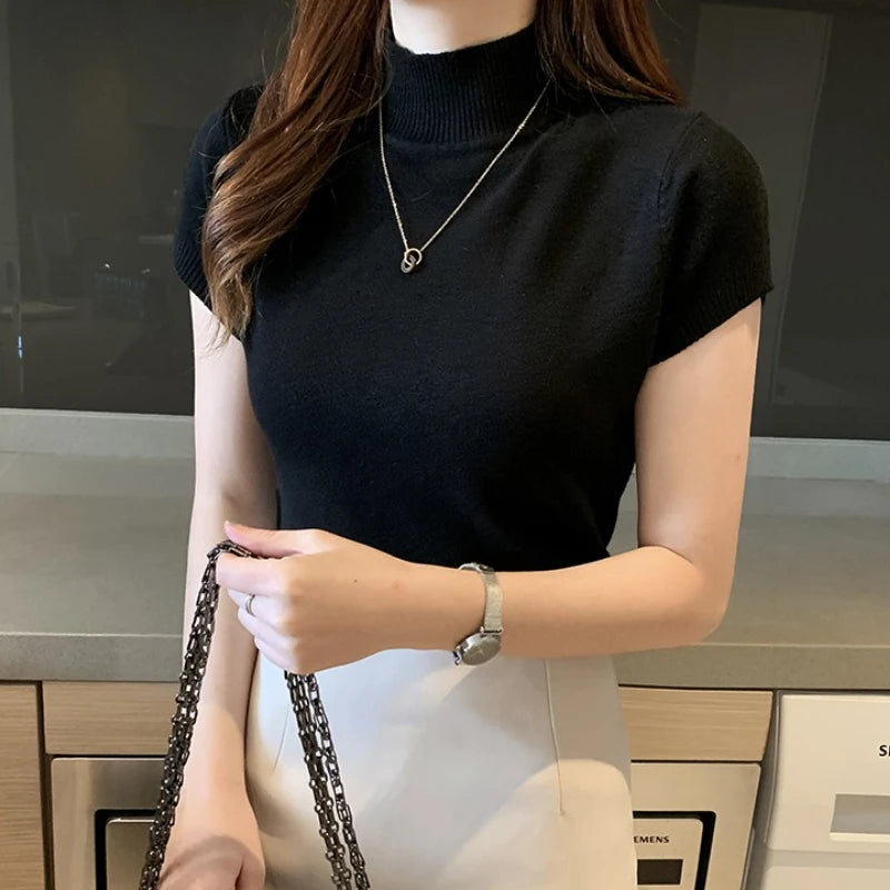 Half-High Neck Stretch Tee - Slim Fit Everyday Top
