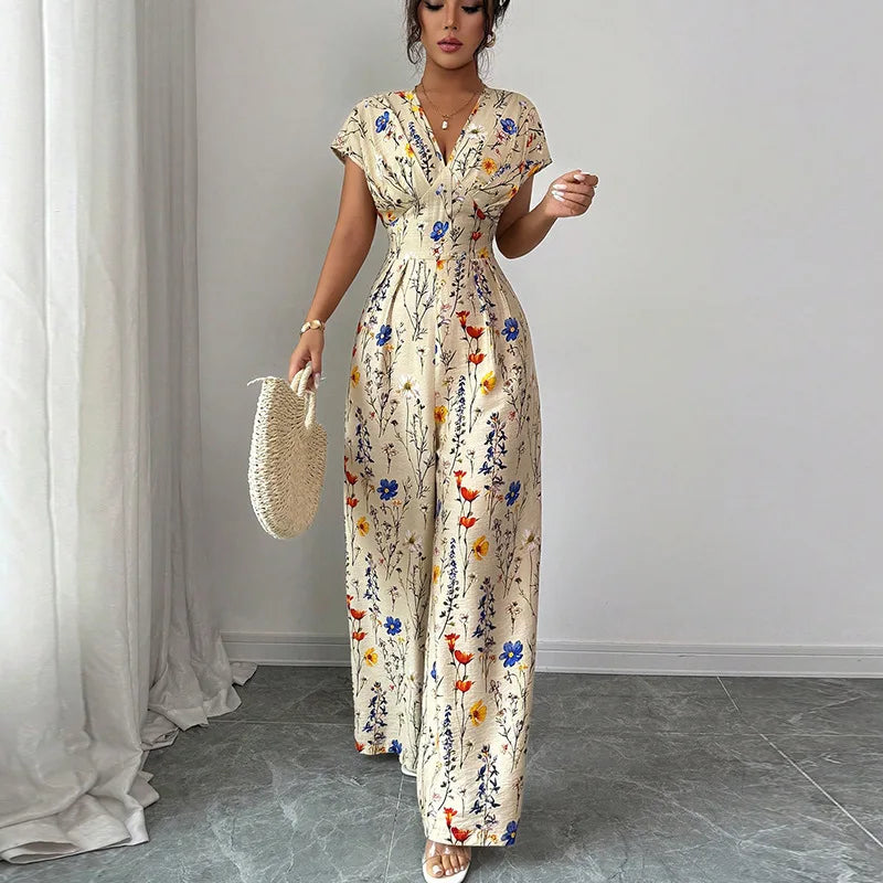 Short Sleeve High-Waist Jumpsuit - Elegant One-Piece