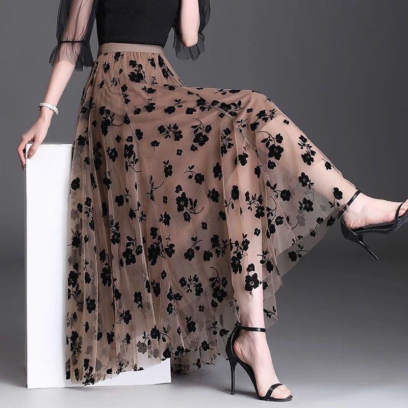 Premium Tulle Floral Midi Skirt - Elegant Mesh A-Line Style