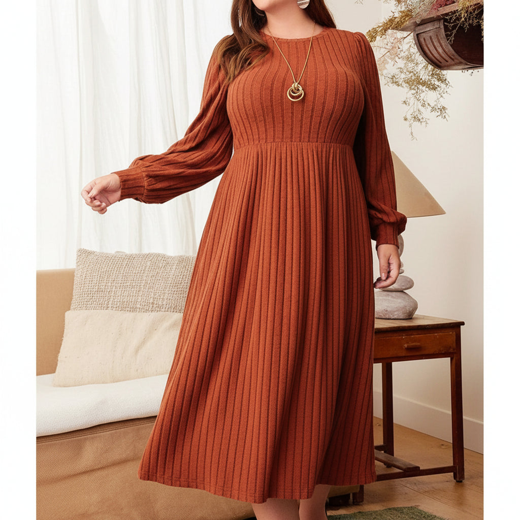 Plus Size Long Sleeve Maxi Dress - Solid Round Neck Elegance