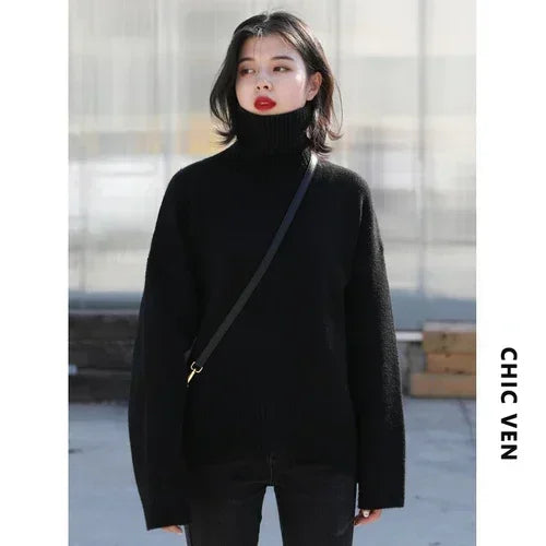 Premium Turtleneck Knit Sweater - Soft Loose-Fit Pullover