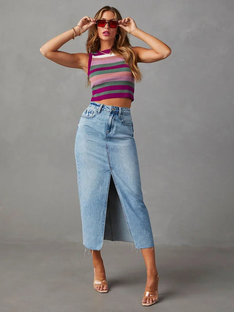 Premium Denim Split Midi Skirt - High Waist Streetwear Style