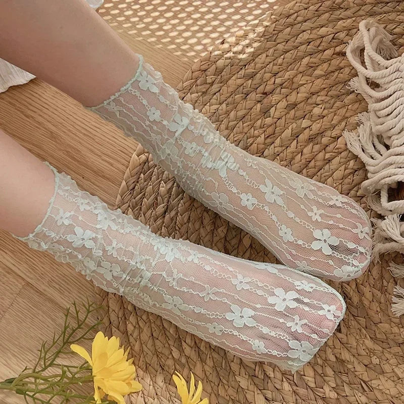 Transparent Floral Lace Socks - Breathable Mesh Dress Style