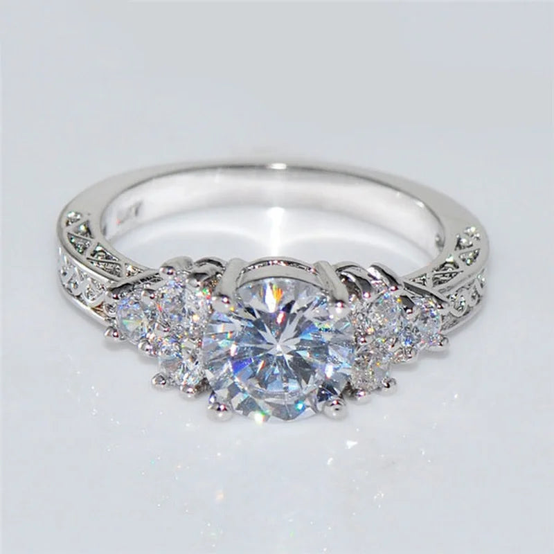 Luxury White Zircon Engagement Ring - Silver-Tone Jewelry