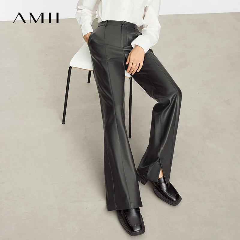 Minimalist PU Leather Straight Pants - Floor-Length Style