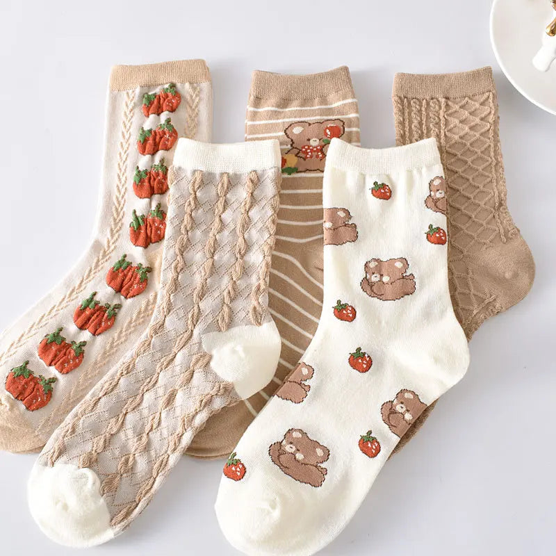 Retro Embroidered Flower Socks - 5 Pair Cozy Gift Set