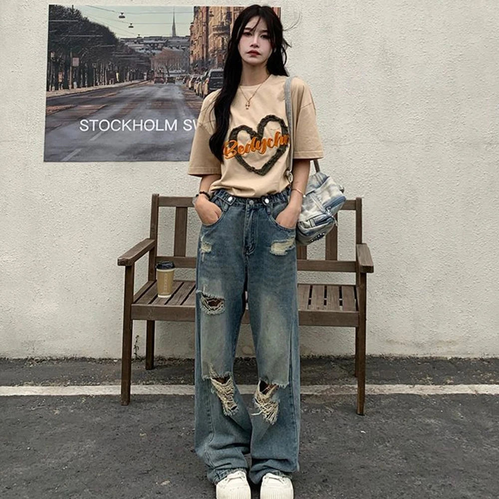 High-Waist Distressed Wide-Leg Jeans - Vintage Streetwear Fit