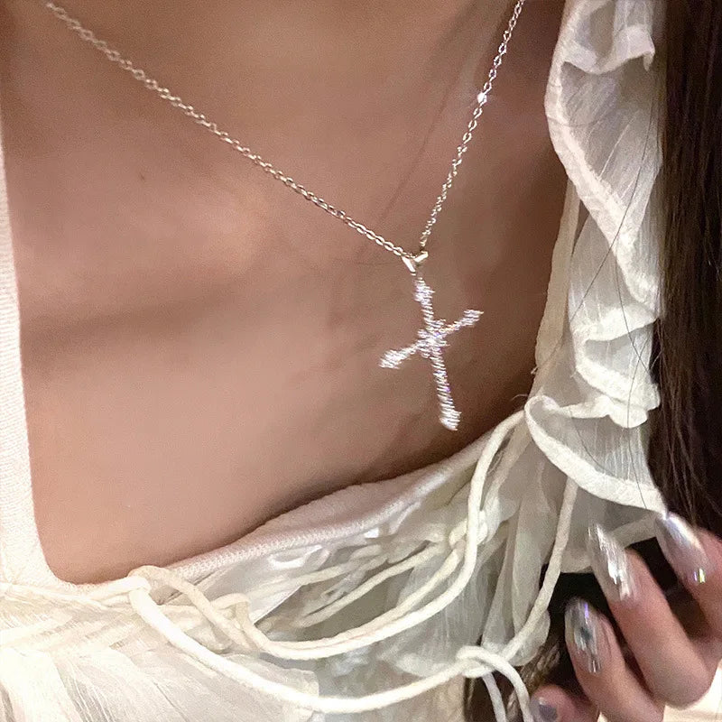 Y2K Crystal Cross Pendant Necklace - Gothic Choker Chain