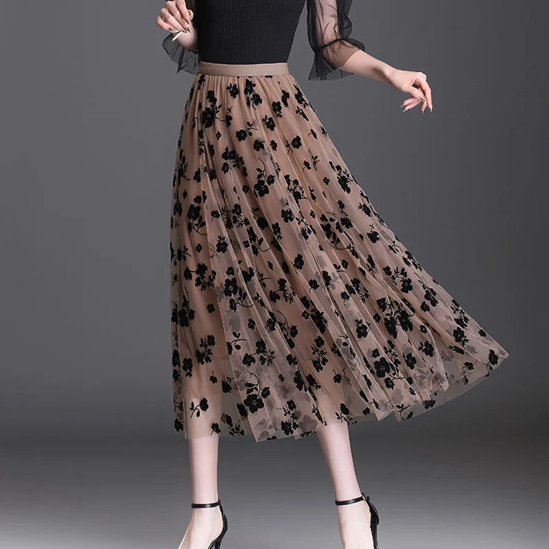 Premium Tulle Floral Midi Skirt - Elegant Mesh A-Line Style