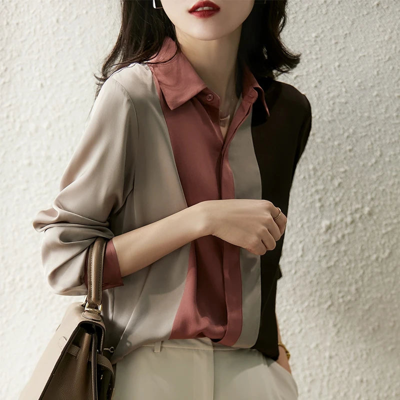 Satin Button Blouse - Long Sleeve Polo Collar Shirt