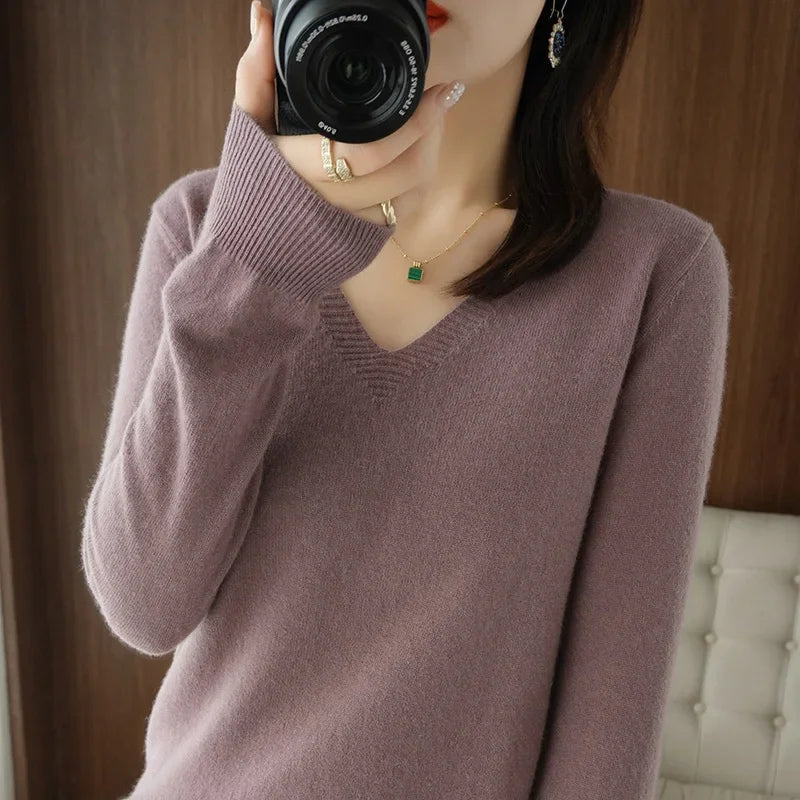 Premium V-Neck Knit Sweater - Soft Solid Color Pullover