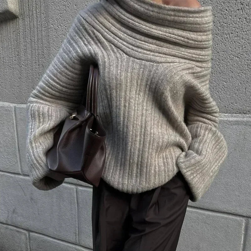 Off-Shoulder Knit Sweater - Relaxed Retro Pullover