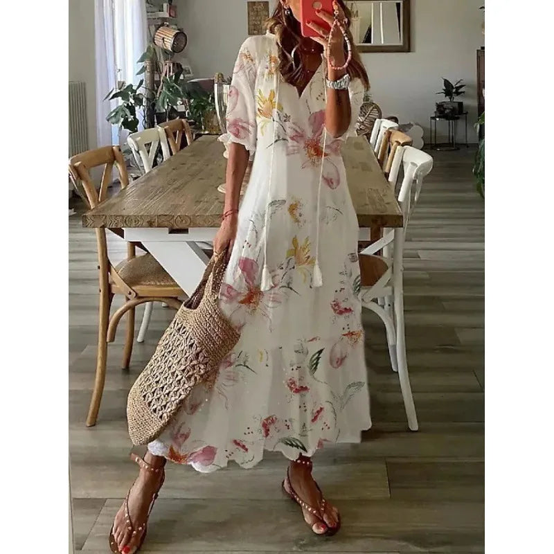 Bohemian Floral Maxi Dress - Relaxed V-Neck Summer Style