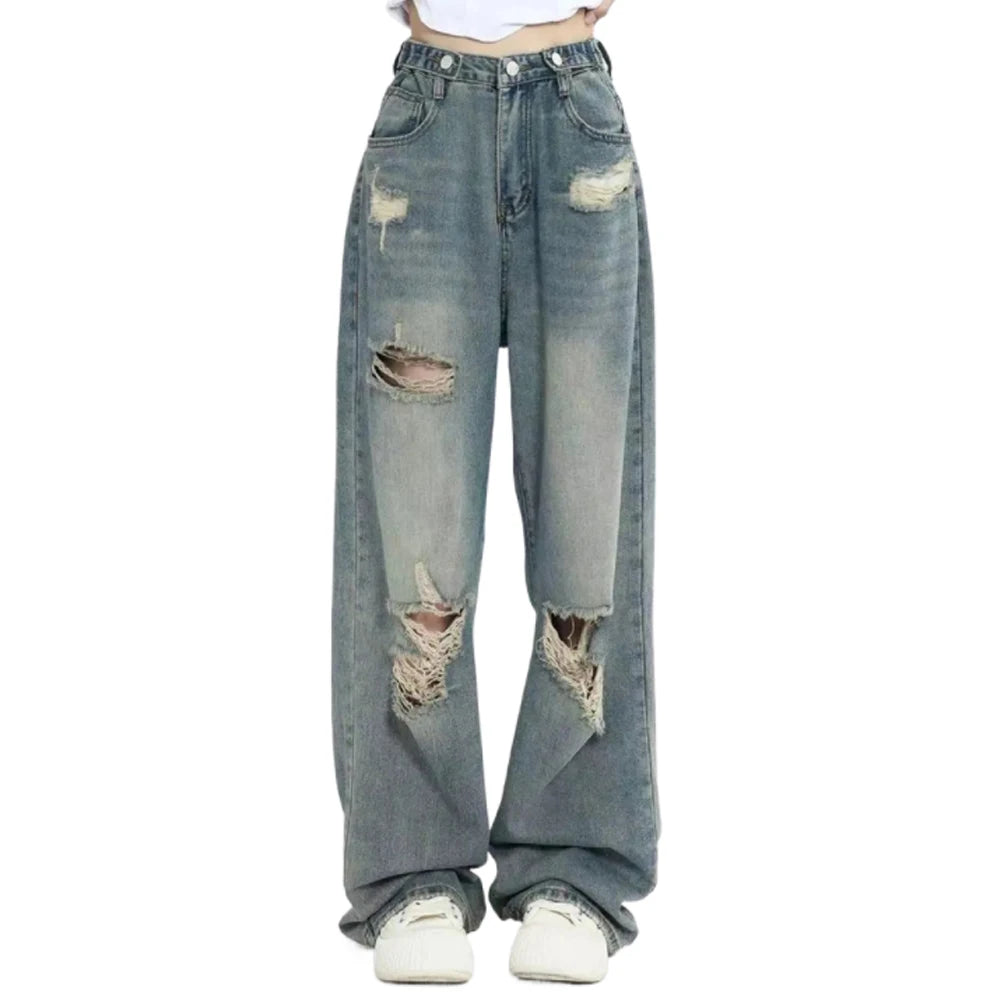High-Waist Distressed Wide-Leg Jeans - Vintage Streetwear Fit