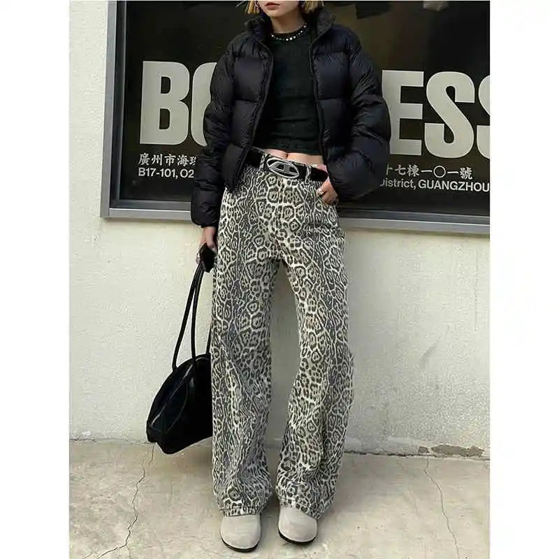 High-Waist Leopard Print Wide-Leg Jeans - Everyday Denim