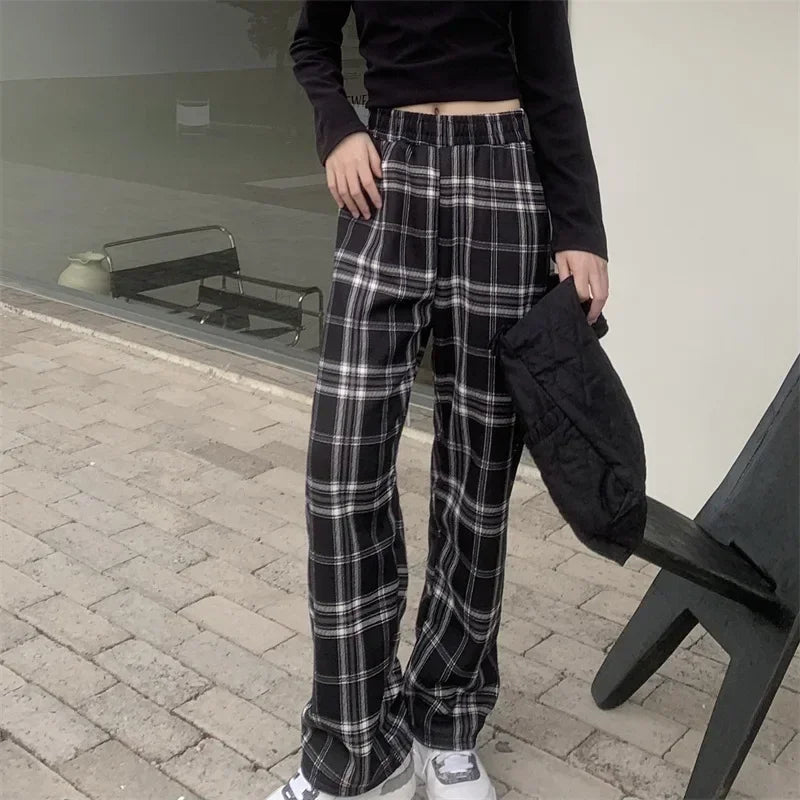 Fleece-Lined Plaid Trousers - High-Waist Straight Leg