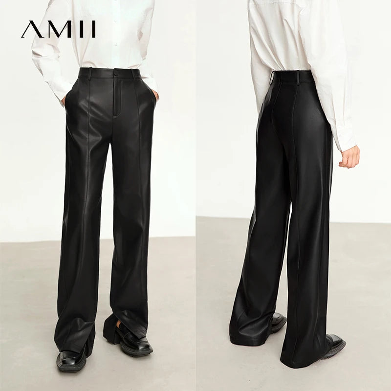 Minimalist PU Leather Straight Pants - Floor-Length Style