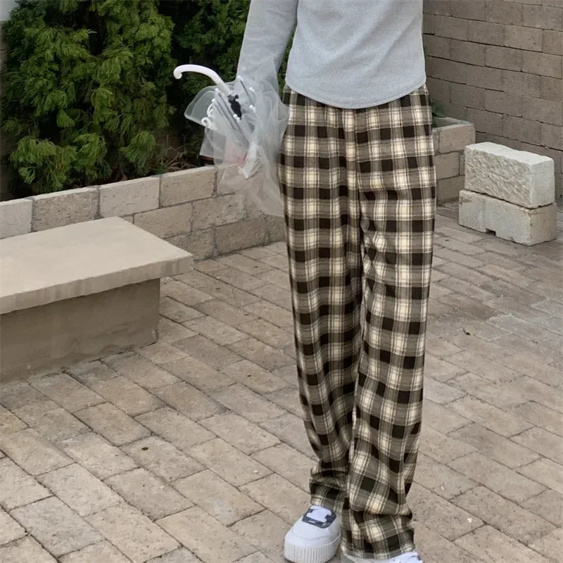 Fleece-Lined Plaid Trousers - High-Waist Straight Leg