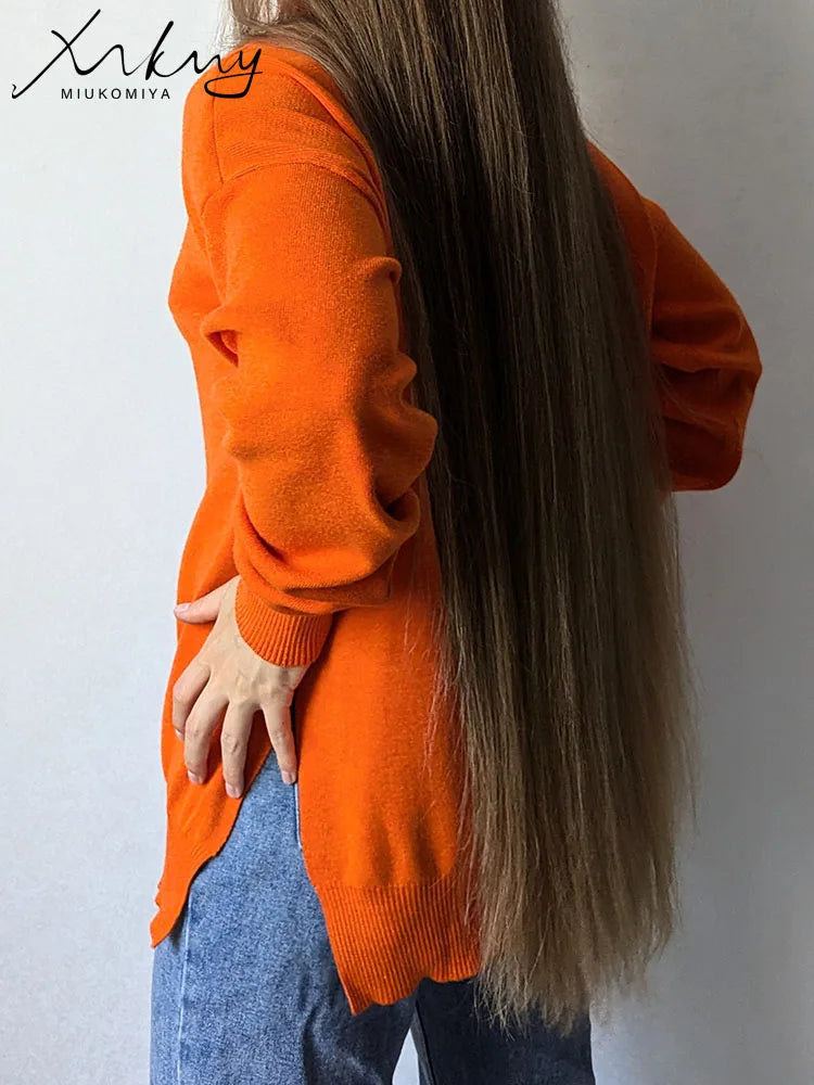 Oversized Turtleneck Sweater - Side Split Cozy Jumper