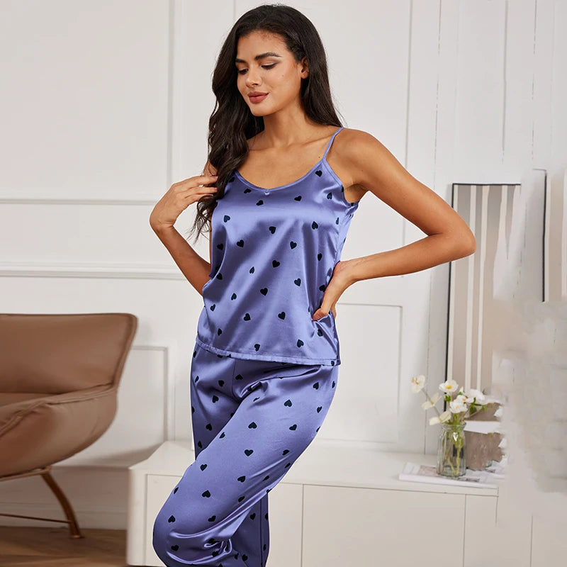 Satin Lace Cami Pajama Set - Elegant Two-Piece Sleepwear