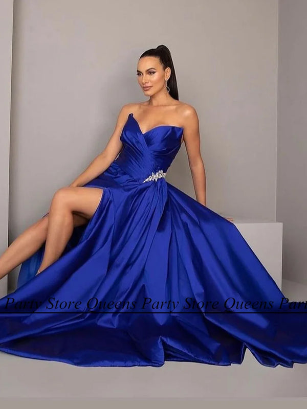Fashion Blue Evening Dress V Neck Sleeveless Crystals Pleat High Slit Satin Prom Dresses Sweep Train Formal Party Gown Pageant