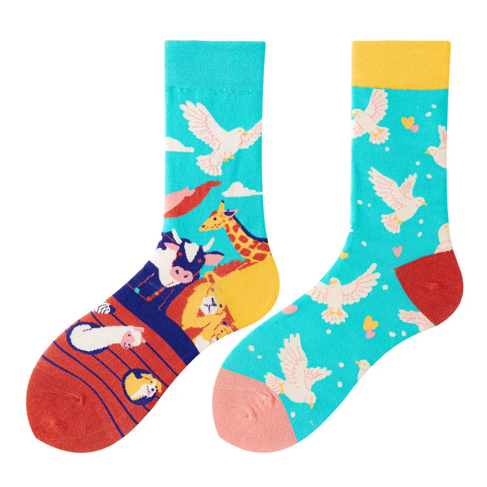Colorful Print Cotton Socks - Unisex Mid-Tube Casual Pair