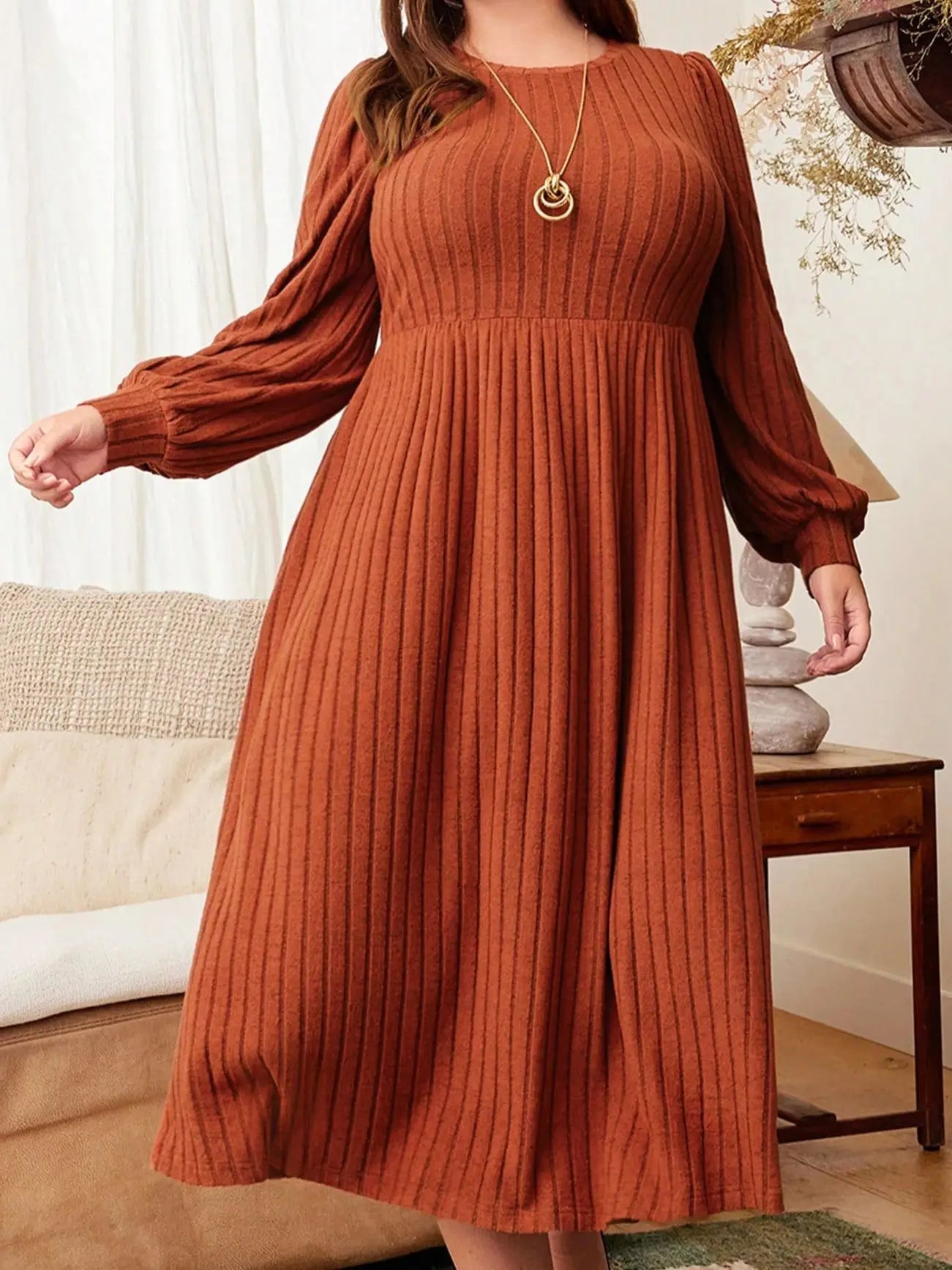 Plus Size Long Sleeve Maxi Dress - Solid Round Neck Elegance