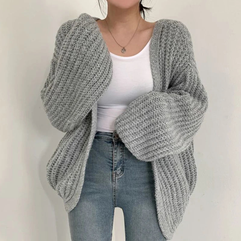 Premium Lantern Sleeve Knit Cardigan - Vintage Loose-Fit Sweater