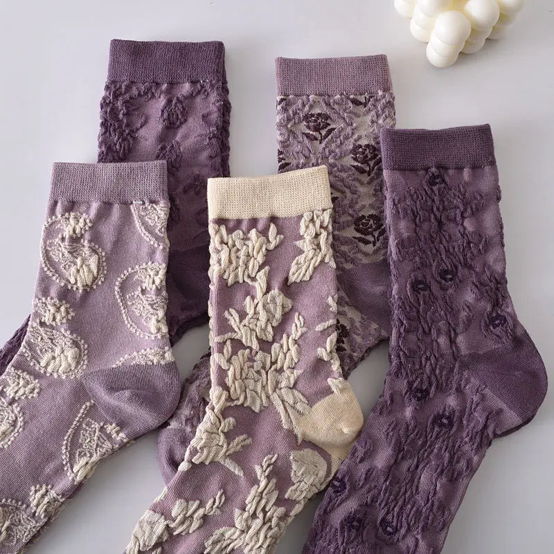 Retro Embroidered Flower Socks - 5 Pair Cozy Gift Set