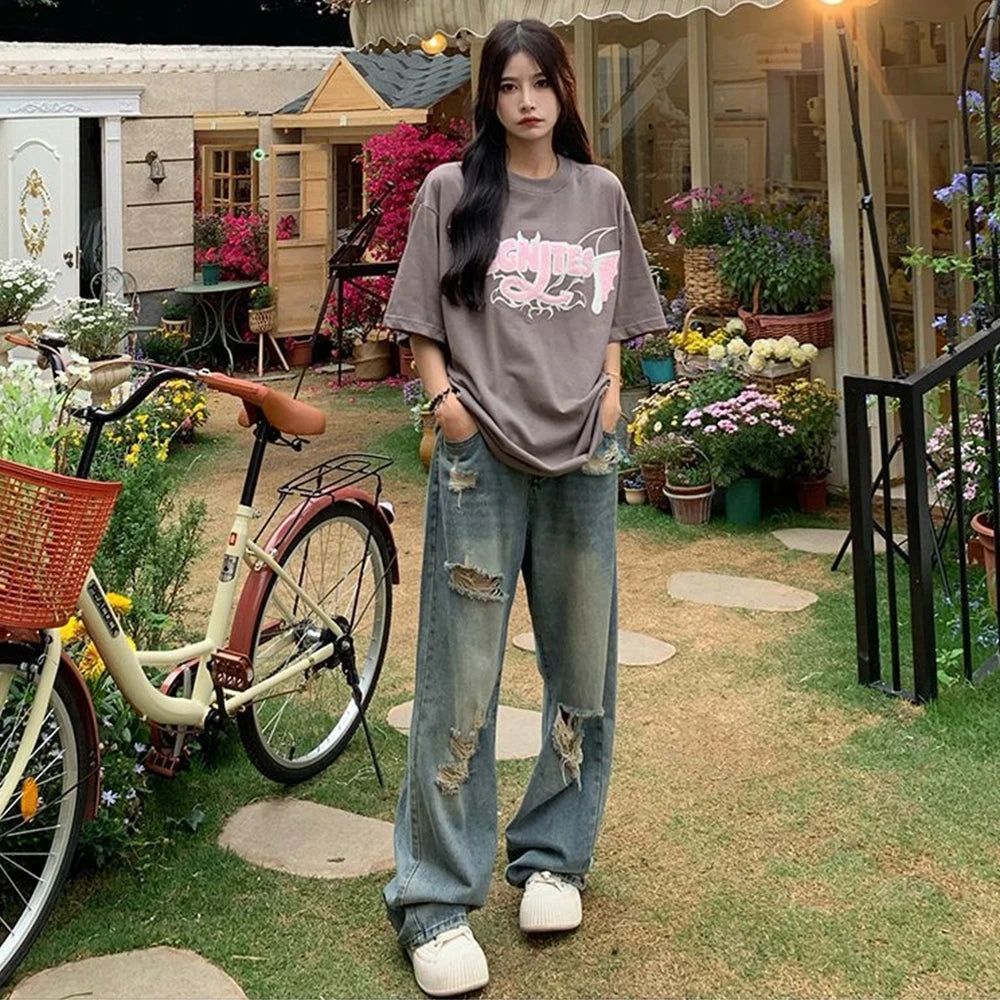 High-Waist Distressed Wide-Leg Jeans - Vintage Streetwear Fit