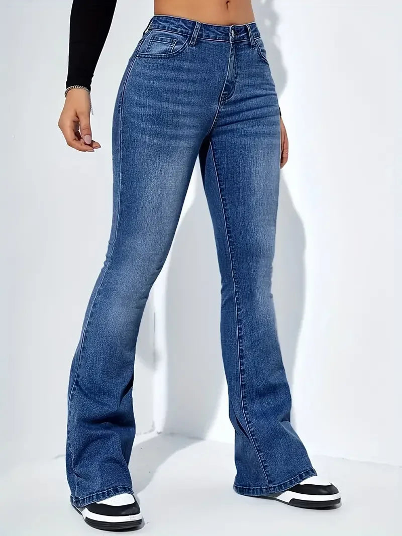 High-Waist Flare-Leg Jeans - Denim Streetwear