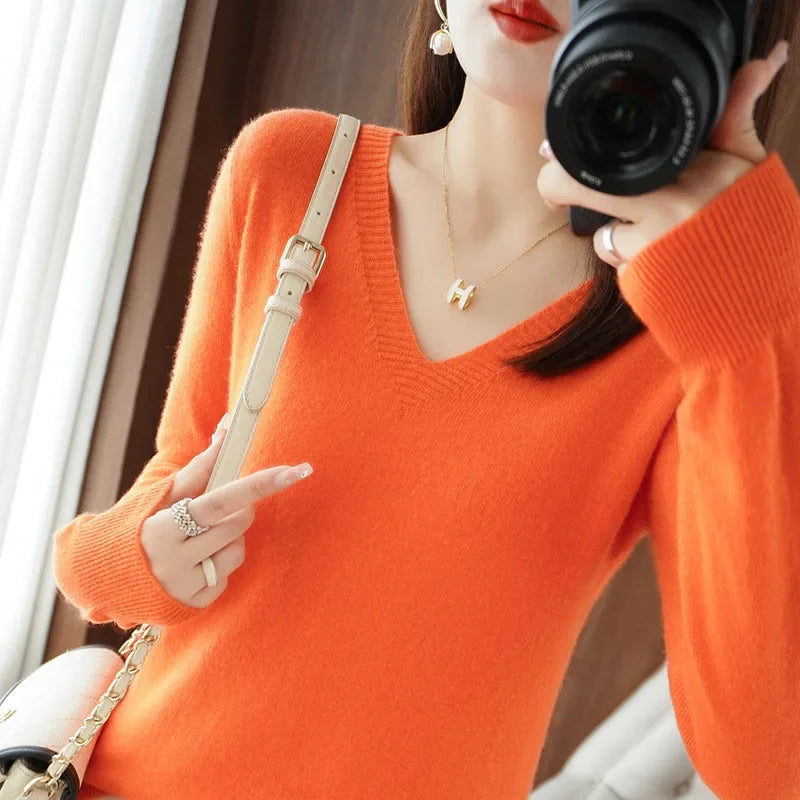 Premium V-Neck Knit Sweater - Soft Solid Color Pullover