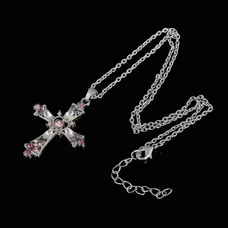 Y2K Crystal Cross Pendant Necklace - Gothic Choker Chain